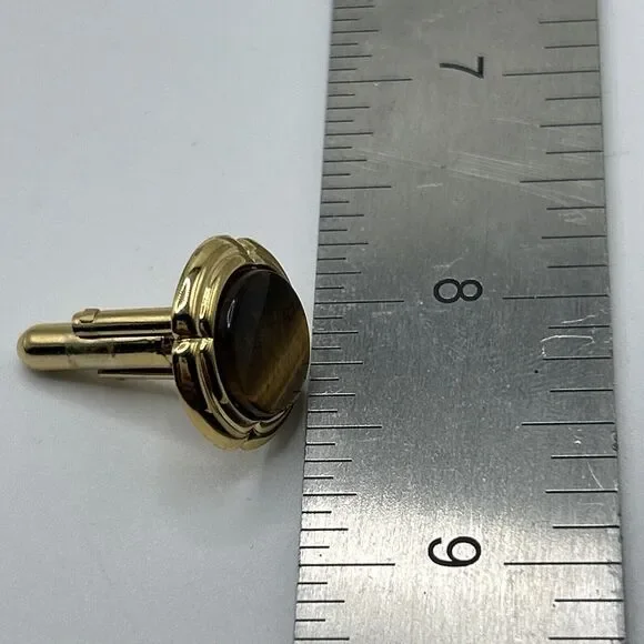 Tiger Eye Cuff Links Brown Gold Tone Round Unsigned - Picture 9 of 9